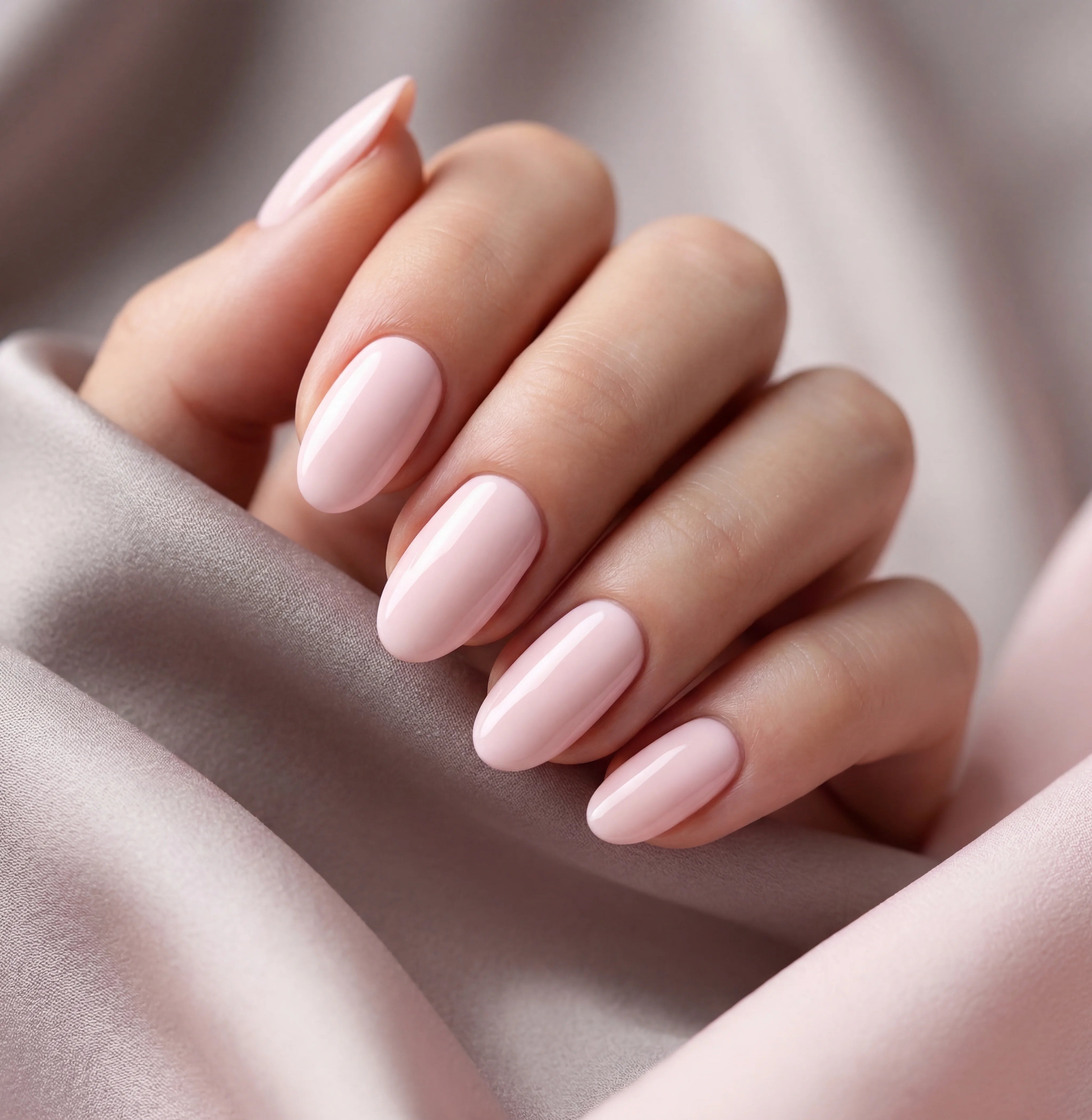 Close-up of a hand with pink nail polish on a soft fabric background