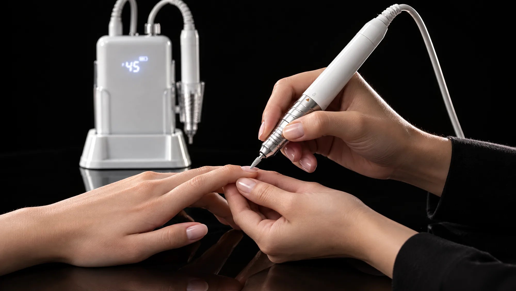 A technician working on a client's nail in a dark salon, seen over the client's shoulder