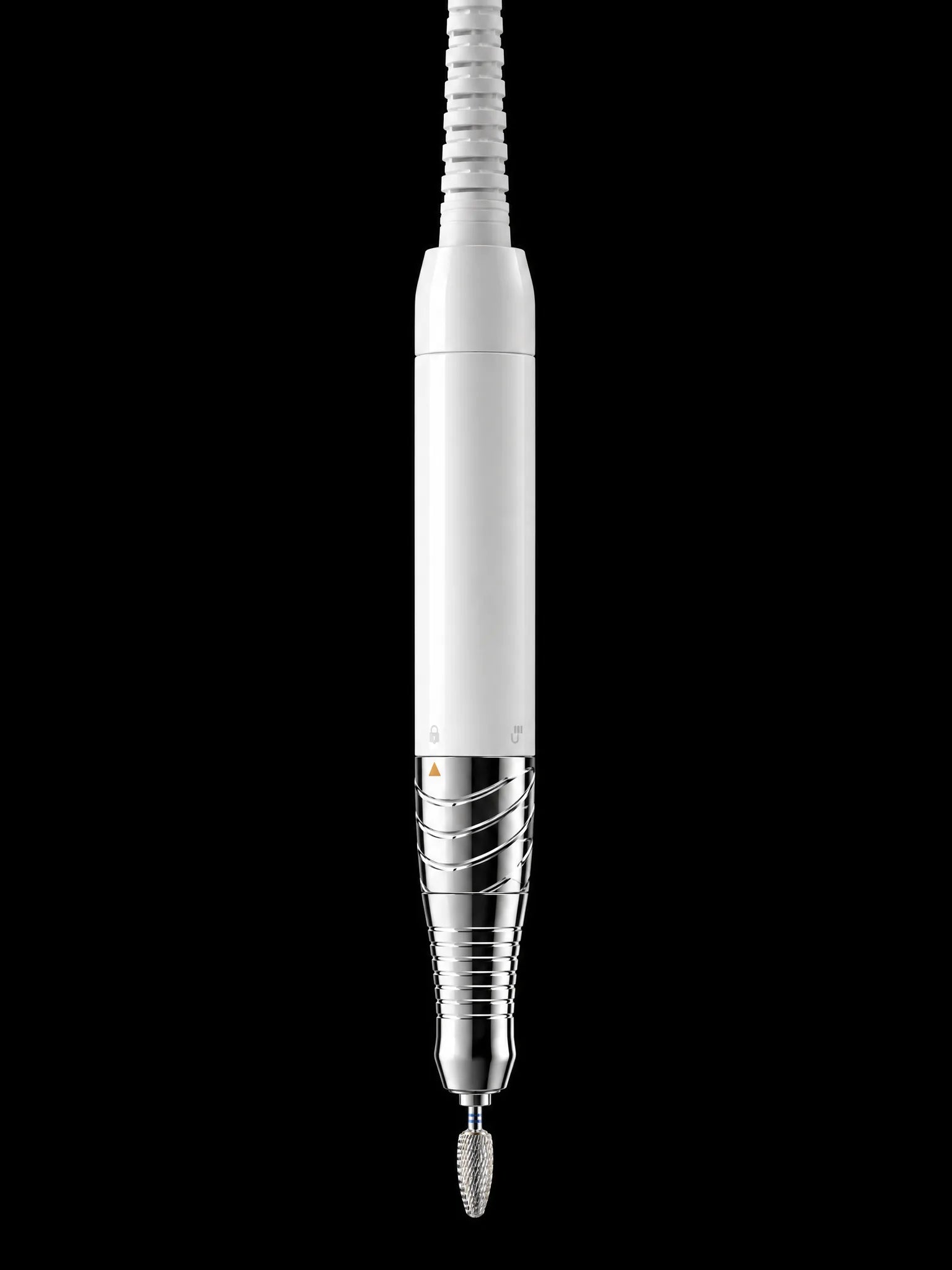 The handpiece standing vertical on black, tip down